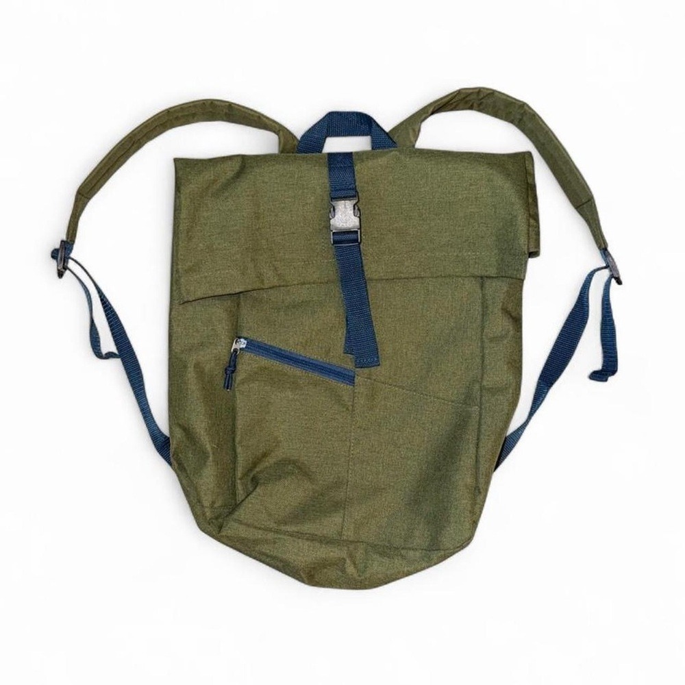 Olive Green Roll-Top Backpack w/ Blue Straps Utility Hiking Minimalist Bag
